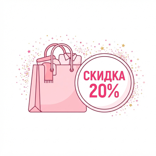 Розовая корзина для покупок рядом со стикером «скидка 20%» — иллюстрация базовой скидки Орифлейм для новых партнёров.