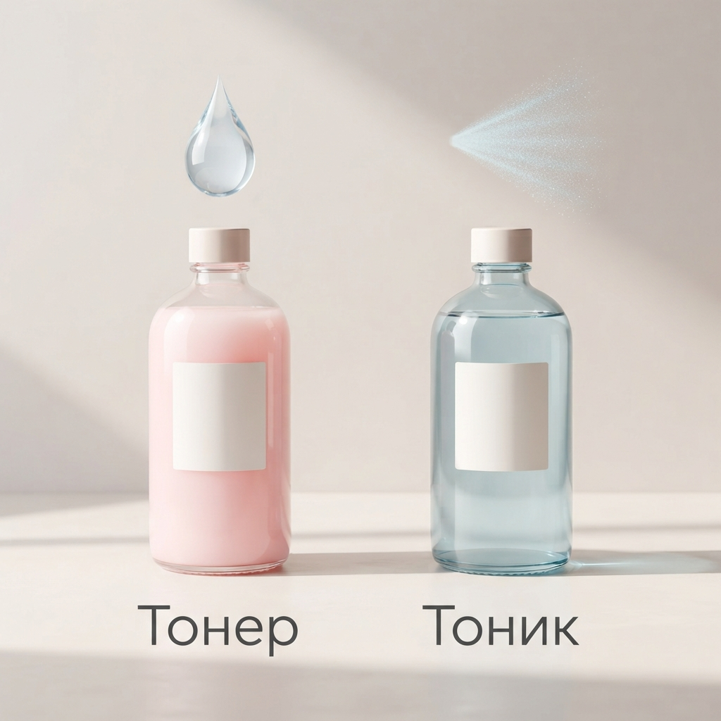 Два флакона — тонер с каплей воды и тоник с брызгами — с подписями «Тонер» и «Тоник»
