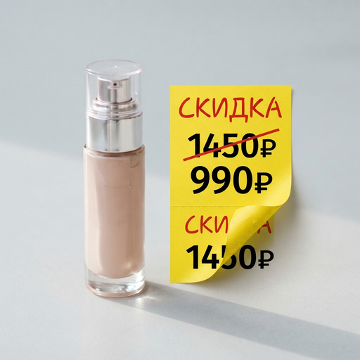Флакон тонального крема и отклеившийся жёлтый ценник «СКИДКА», под которым видна та же цена — иллюзия ложной скидки.