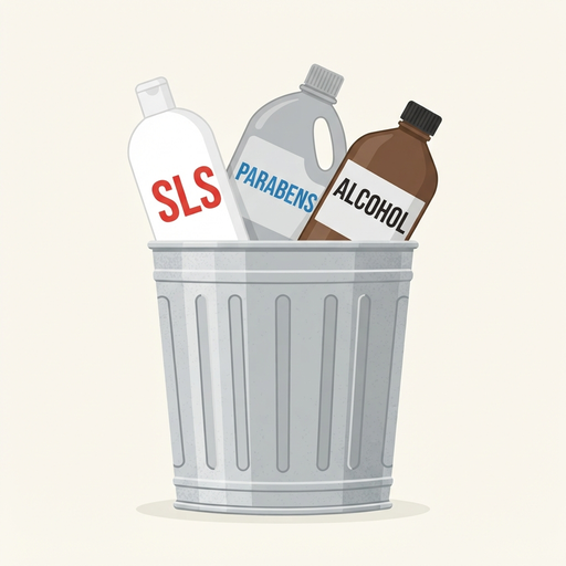 Мусорная корзина, из которой торчат бутылки с надписями SLS, PARABENS, ALCOHOL — метафора вредных компонентов, которых следует избегать.